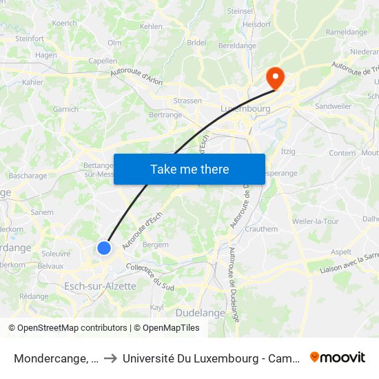 Mondercange, Dirbett to Université Du Luxembourg - Campus Kirchberg map