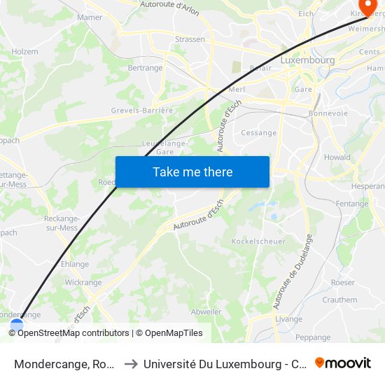 Mondercange, Rommelterhiel to Université Du Luxembourg - Campus Kirchberg map