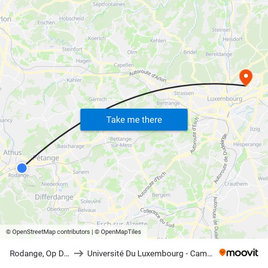 Rodange, Op Der Gare to Université Du Luxembourg - Campus Kirchberg map