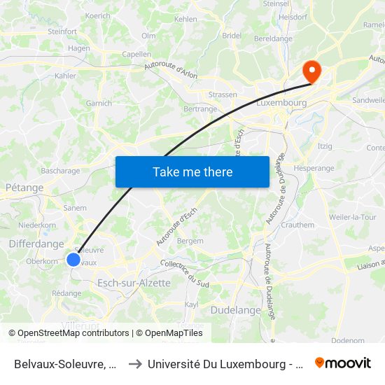 Belvaux-Soleuvre, Gare Routière to Université Du Luxembourg - Campus Kirchberg map