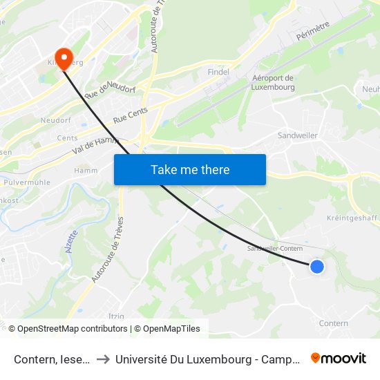 Contern, Ieselslach to Université Du Luxembourg - Campus Kirchberg map