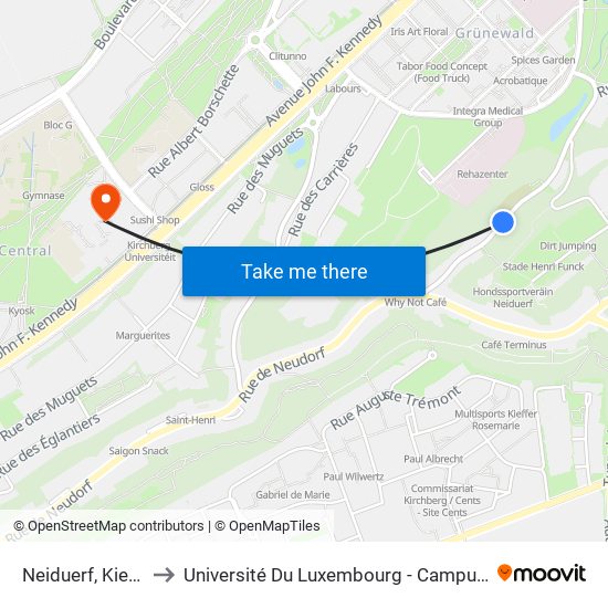 Neiduerf, Kierfecht to Université Du Luxembourg - Campus Kirchberg map