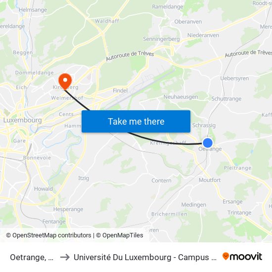 Oetrange, Gare to Université Du Luxembourg - Campus Kirchberg map