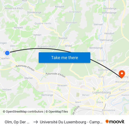 Olm, Op Der Schanz to Université Du Luxembourg - Campus Kirchberg map