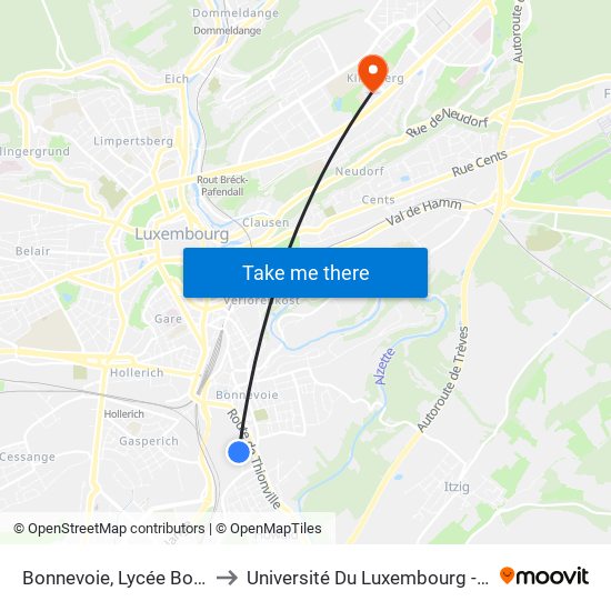 Bonnevoie, Lycée Bouneweg (Tram) to Université Du Luxembourg - Campus Kirchberg map