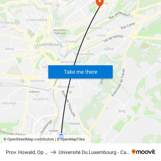 Prov. Howald, Op Der Stirzel to Université Du Luxembourg - Campus Kirchberg map