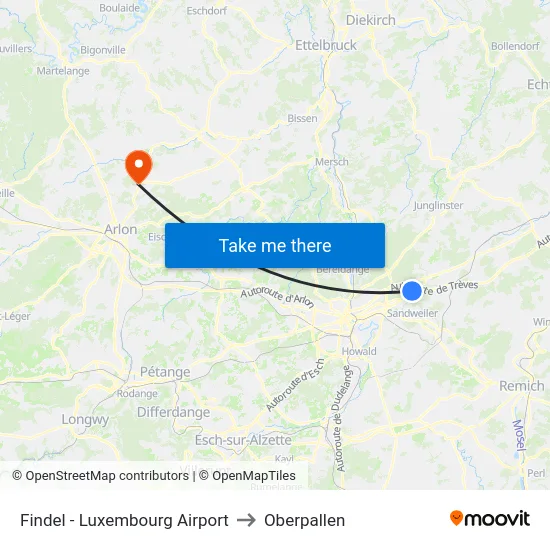 Findel - Luxembourg Airport to Oberpallen map