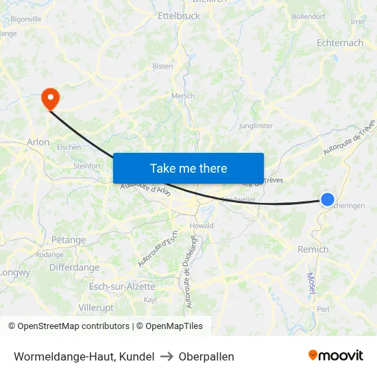 Wormeldange-Haut, Kundel to Oberpallen map