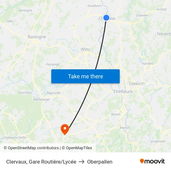 Clervaux, Gare Routière/Lycée to Oberpallen map