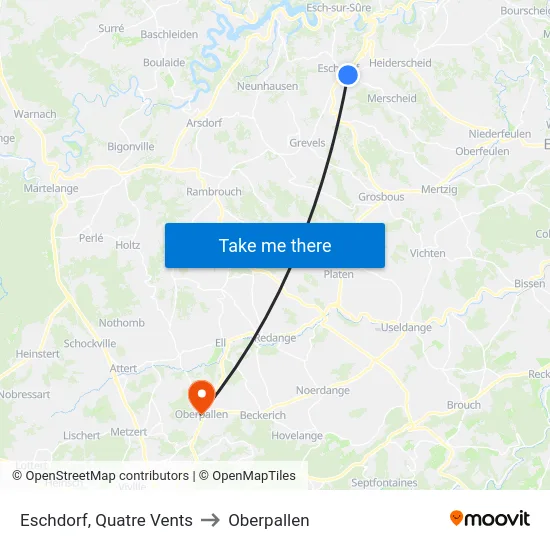 Eschdorf, Quatre Vents to Oberpallen map