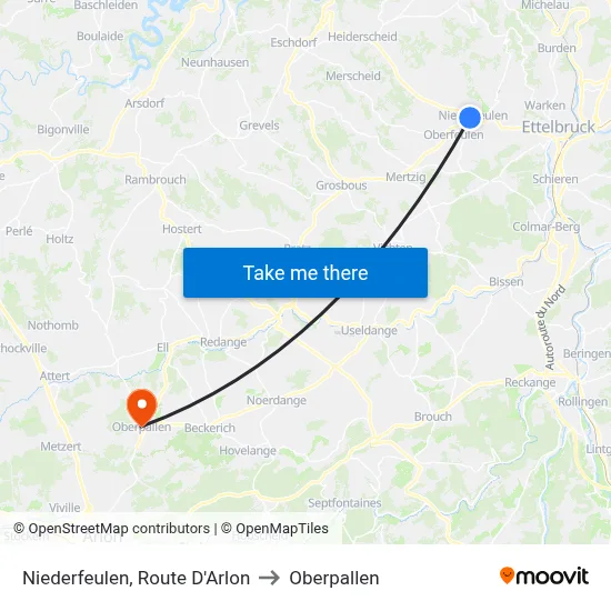 Niederfeulen, Route D'Arlon to Oberpallen map