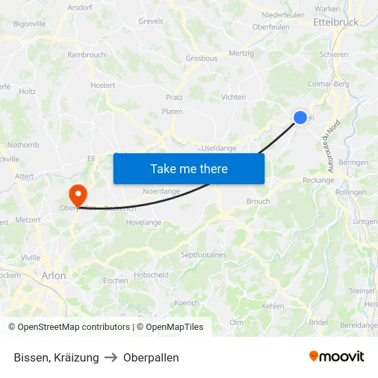 Bissen, Kräizung to Oberpallen map