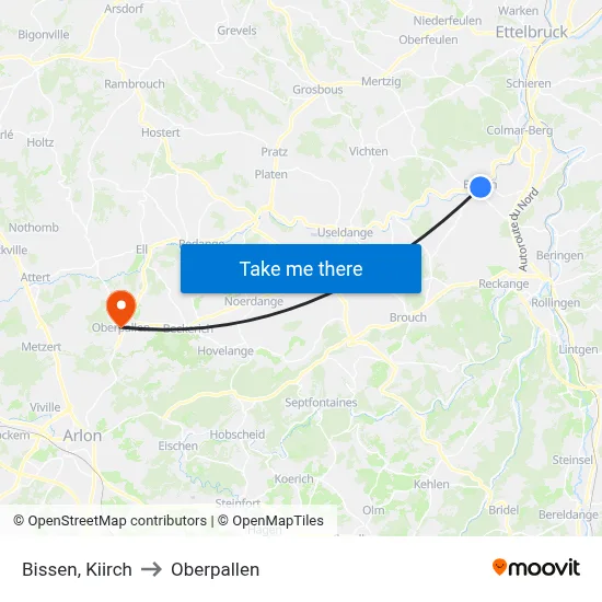 Bissen, Kiirch to Oberpallen map
