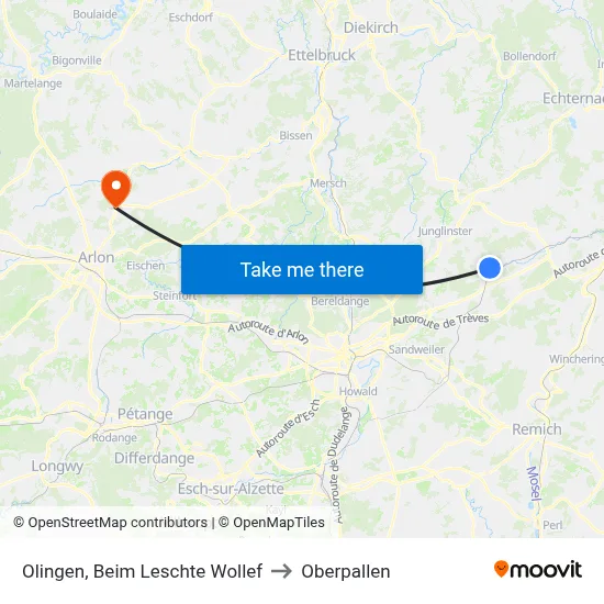 Olingen, Beim Leschte Wollef to Oberpallen map