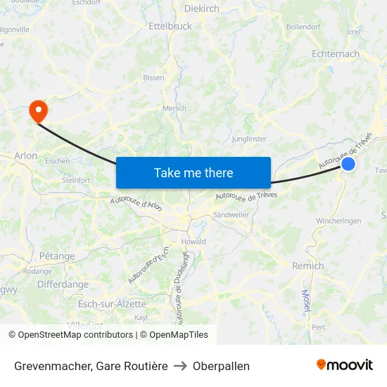 Grevenmacher, Gare Routière to Oberpallen map