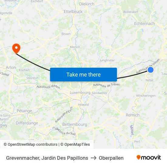 Grevenmacher, Jardin Des Papillons to Oberpallen map