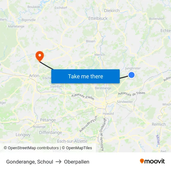 Gonderange, Schoul to Oberpallen map