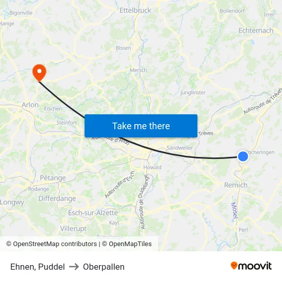 Ehnen, Puddel to Oberpallen map