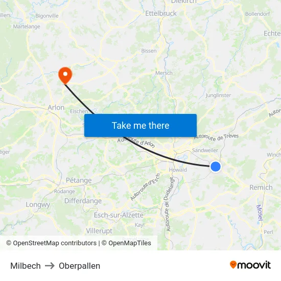 Milbech to Oberpallen map