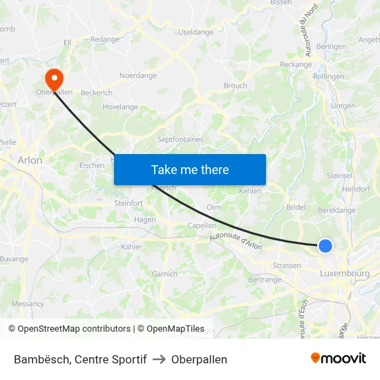 Bambësch, Centre Sportif to Oberpallen map