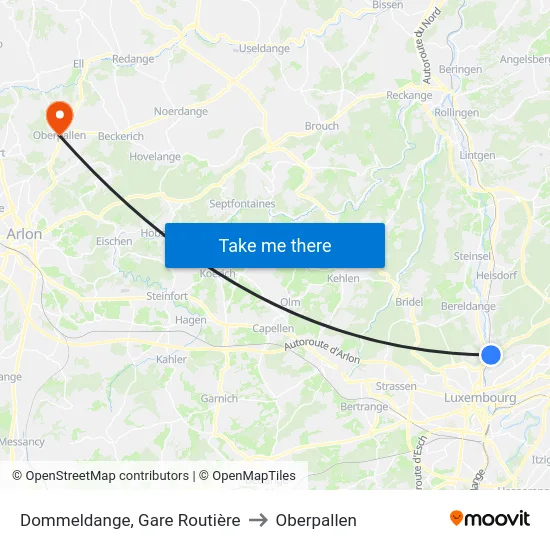 Dommeldange, Gare Routière to Oberpallen map
