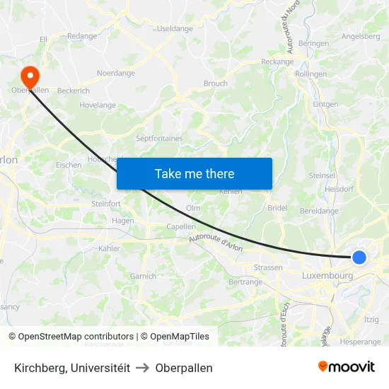 Kirchberg, Universitéit to Oberpallen map