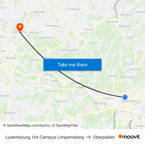 Luxembourg, Uni Campus Limpertsberg to Oberpallen map