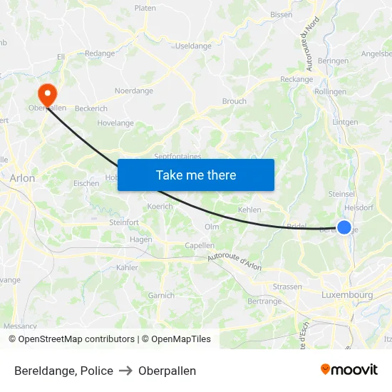 Bereldange, Police to Oberpallen map