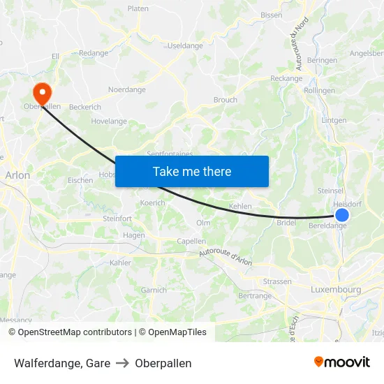 Walferdange, Gare to Oberpallen map