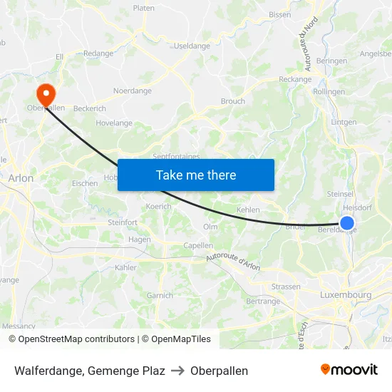 Walferdange, Gemenge Plaz to Oberpallen map