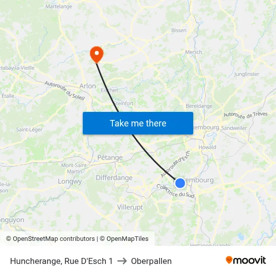 Huncherange, Rue D'Esch 1 to Oberpallen map