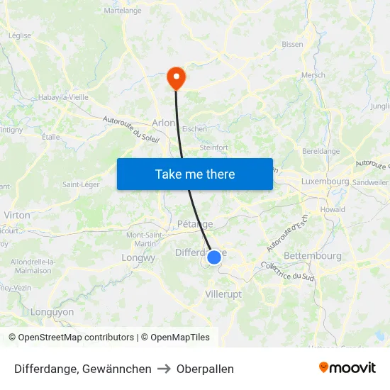 Differdange, Gewännchen to Oberpallen map