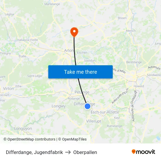 Differdange, Jugendfabrik to Oberpallen map