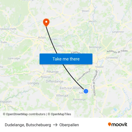 Dudelange, Butschebuerg to Oberpallen map