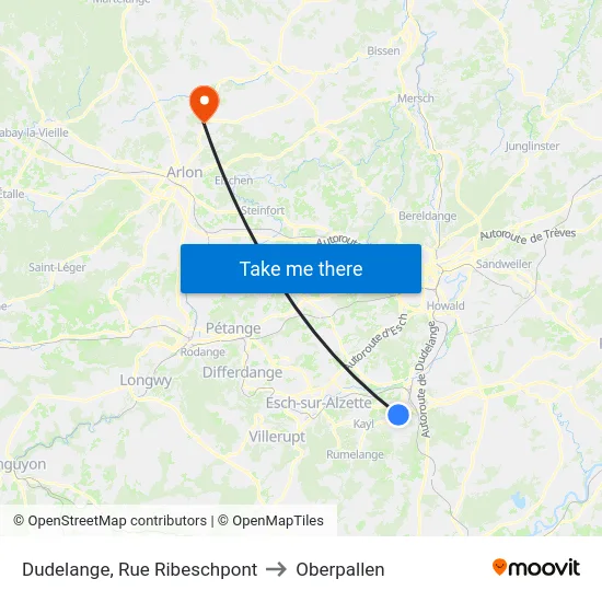 Dudelange, Rue Ribeschpont to Oberpallen map
