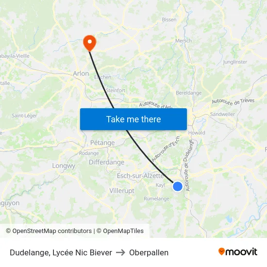 Dudelange, Lycée Nic Biever to Oberpallen map