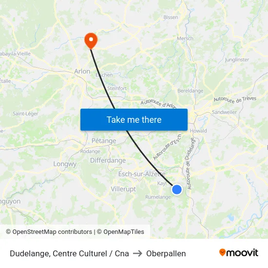 Dudelange, Centre Culturel / Cna to Oberpallen map