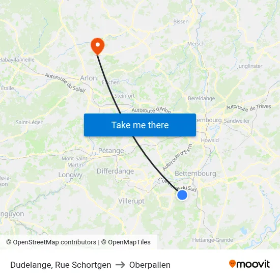 Dudelange, Rue Schortgen to Oberpallen map