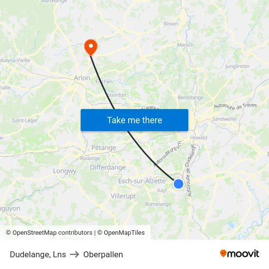 Dudelange, Lns to Oberpallen map