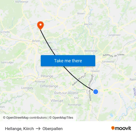 Hellange, Kiirch to Oberpallen map