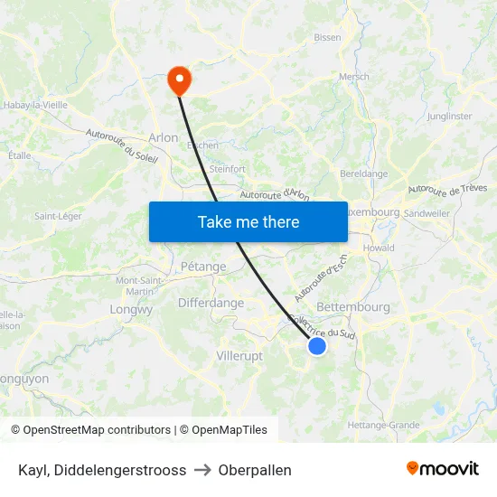 Kayl, Diddelengerstrooss to Oberpallen map