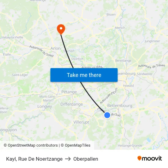 Kayl, Rue De Noertzange to Oberpallen map