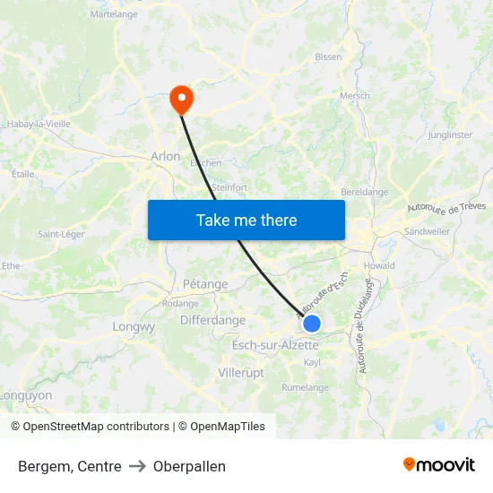 Bergem, Centre to Oberpallen map