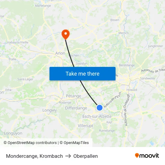 Mondercange, Krombach to Oberpallen map