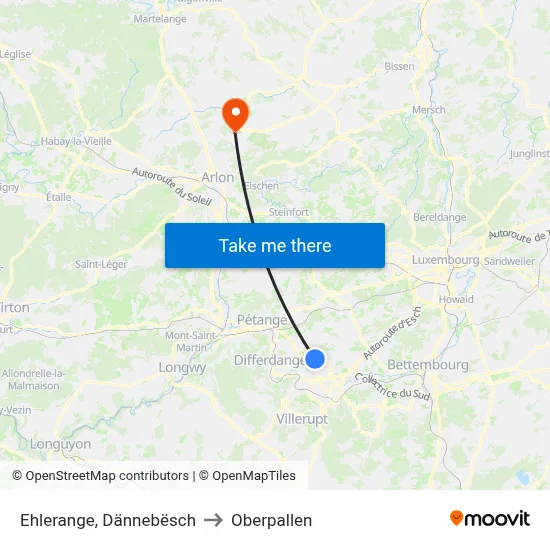 Ehlerange, Dännebësch to Oberpallen map