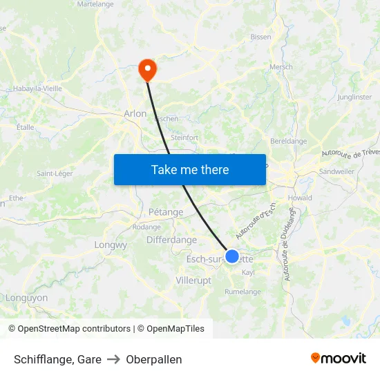 Schifflange, Gare to Oberpallen map