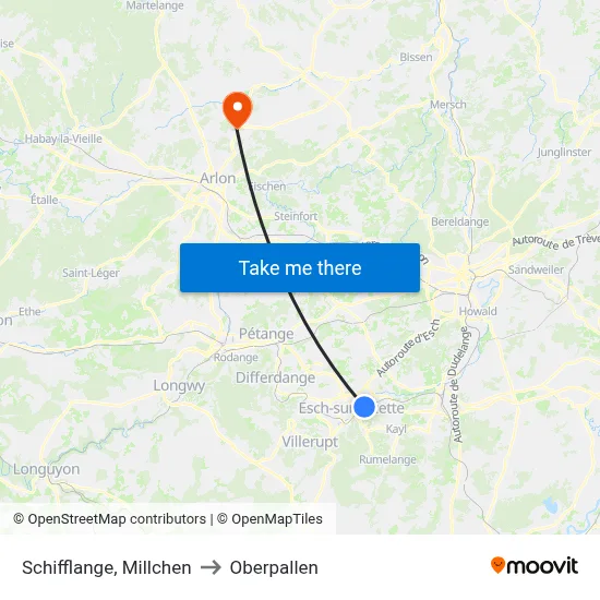 Schifflange, Millchen to Oberpallen map