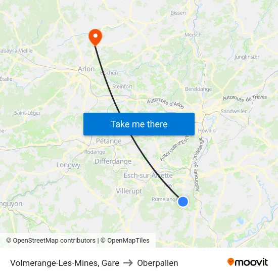 Volmerange-Les-Mines, Gare to Oberpallen map