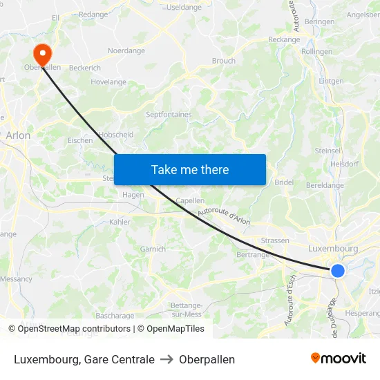 Luxembourg, Gare Centrale to Oberpallen map