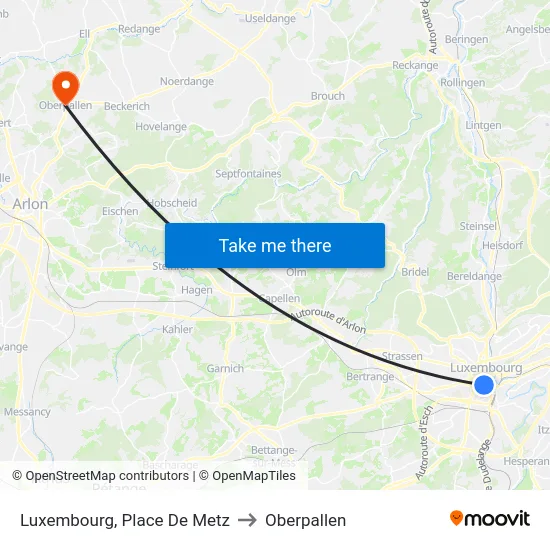 Luxembourg, Place De Metz to Oberpallen map